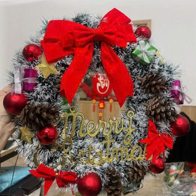 Vòng nguyệt quế Noel - Trắng nơ đỏ to và 2 nơ đỏ nhỏ